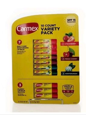 Carmex Lip Balm 10 Count 0.15oz Classic, Strawberry, Fresh Cherry, Wintergreen